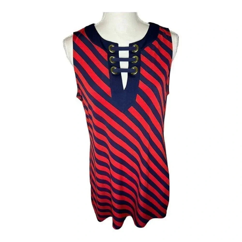 Michael Kors Medium Blue & Red Diagonal Striped Sleeveless‎ Top